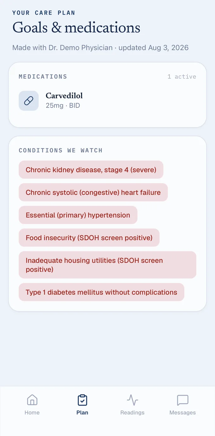 The willowbridge patient app: the patient's medications and the conditions the care team watches